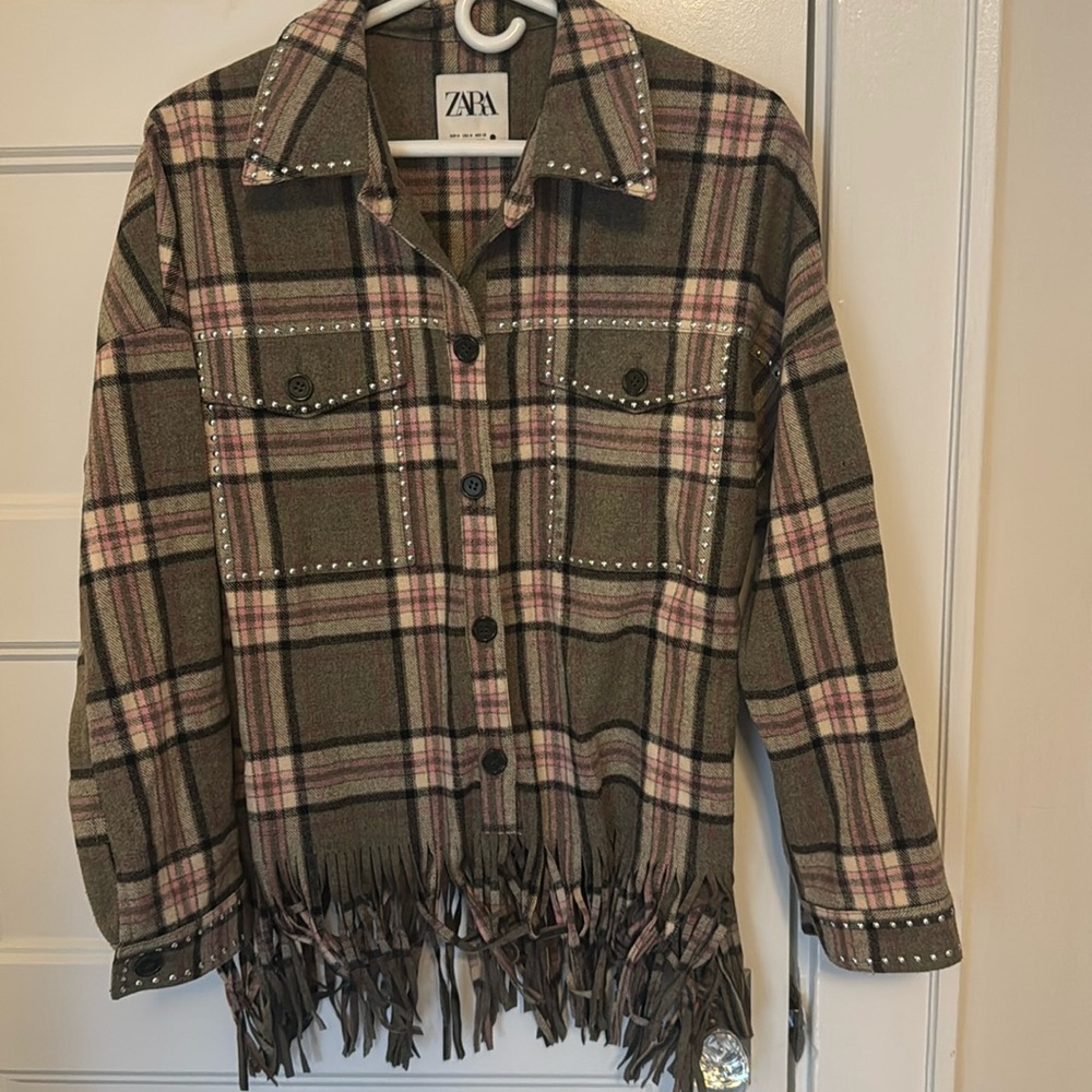 ZARA Wool Blend Pink Plaid Fringed Oversized Button Front Studded Shacket Jacket